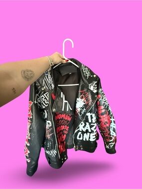 SHEIN Black Graffiti Faux Leather Biker Jacket with Red & White Accents